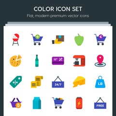Modern Simple Set of food, drinks, shopping Vector flat Icons. Contains such Icons as  weight,  fruit, milk,  grilling,  food, cheque,  money and more on dark background. Fully Editable. Pixel Perfect