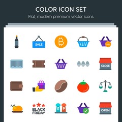 Modern Simple Set of food, drinks, shopping Vector flat Icons. Contains such Icons as  dinner,  red,  vegetable,  bottle,  open,  retro, law and more on dark background. Fully Editable. Pixel Perfect