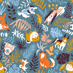 Fototapeta na wymiar Vector illustration with cute hand drawn dogs and tropical plants. Seamless fashion pattern. Trendy scandinavian design. 