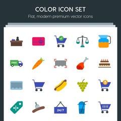Modern Simple Set of food, drinks, shopping Vector flat Icons. Contains such Icons as  background, buy,  pink,  shop,  bitcoin,  retail, cart and more on dark background. Fully Editable. Pixel Perfect