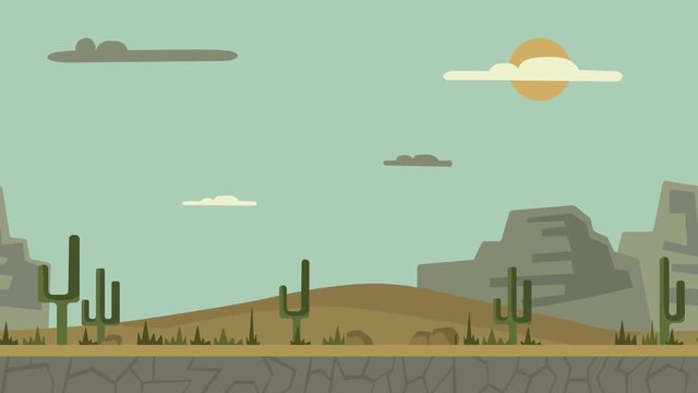 Animated background. Desert landscape with cactuses, stones and mountains. Flat animation, parallax. Footage
