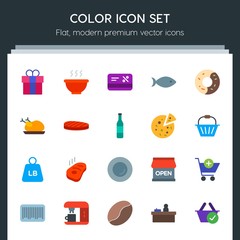 Modern Simple Set of food, drinks, shopping Vector flat Icons. Contains such Icons as  card,  cup,  code,  counter,  grocery,  rosemary,  hot and more on dark background. Fully Editable. Pixel Perfect