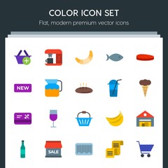 Modern Simple Set of food, drinks, shopping Vector flat Icons. Contains such Icons as  paper,  add,  shop,  house,  alcohol, banana,  store and more on dark background. Fully Editable. Pixel Perfect