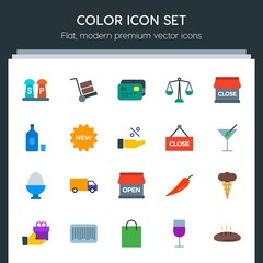 Modern Simple Set of food, drinks, shopping Vector flat Icons. Contains such Icons as finance,  service,  red, law,  dessert,  card,  fresh and more on dark background. Fully Editable. Pixel Perfect