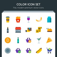 Modern Simple Set of food, drinks, shopping Vector flat Icons. Contains such Icons as  internet, food,  bottle,  supermarket,  snack,  buy and more on dark background. Fully Editable. Pixel Perfect