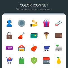 Modern Simple Set of food, drinks, shopping Vector flat Icons. Contains such Icons as  background,  exit,  money,  ripe,  shop,  food, call and more on dark background. Fully Editable. Pixel Perfect