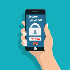 Man holding mobile phone ,Secure payment notification in the screen - Vector illustration.