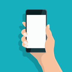 Hand holding smart phone vector illustration.