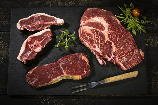 Raw meat, roast beef , American chuck eye steak and lamb chop