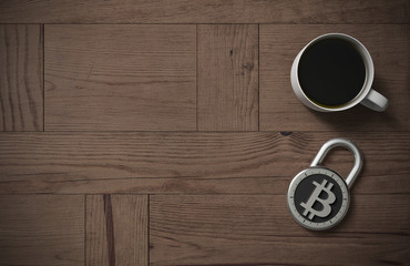 Fototapeta premium Bitcoin protected and secured with coffee ona wooden table as 3d rendering.