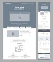 One page website design template for business. Landing page wireframe. Flat modern responsive design. Ux ui website: home, advantages, features, analytics, offers, download, FAQ, contacts, email.