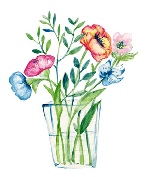 Pastel color illustration with flowers in a glass vase. Watercolor painting.