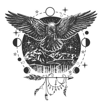 Naklejki Vector black raven tattoo or t-shirt print design