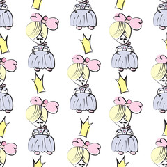 Princess in pink, blue and with crown. Seamless pattern for girls design.