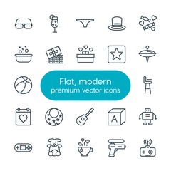Modern Simple Set of clothes, valentine, kids and toys Vector outline Icons. Contains such Icons as  cocktail,  control,  robot, cup,  child and more on white background. Fully Editable. Pixel Perfect