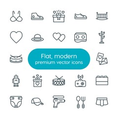 Modern Simple Set of clothes, valentine, kids and toys Vector outline Icons. Contains such Icons as retro, toy, cap,  shoes,  sport, child,  and more on white background. Fully Editable. Pixel Perfect