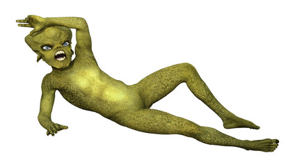 3D Rendering Green Alien on White