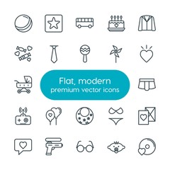 Modern Simple Set of clothes, valentine, kids and toys Vector outline Icons. Contains such Icons as  toy, sunglasses,  love,  record, letter and more on white background. Fully Editable. Pixel Perfect