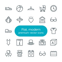 Modern Simple Set of clothes, valentine, kids and toys Vector outline Icons. Contains such Icons as  fashion,  alphabet,  photography, toy and more on white background. Fully Editable. Pixel Perfect