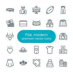 Modern Simple Set of clothes, valentine, kids and toys Vector outline Icons. Contains such Icons as gift,  floral,  technology, skirt,  baby and more on white background. Fully Editable. Pixel Perfect
