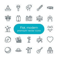 Modern Simple Set of clothes, valentine, kids and toys Vector outline Icons. Contains such Icons as  female, balloon,  fire, ball,  fun, hat and more on white background. Fully Editable. Pixel Perfect