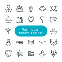 Modern Simple Set of clothes, valentine, kids and toys Vector outline Icons. Contains such Icons as  decoration,  future,  clothing,  cyborg and more on white background. Fully Editable. Pixel Perfect