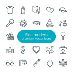 Modern Simple Set of clothes, valentine, kids and toys Vector outline Icons. Contains such Icons as cap,  romantic,  gamble,  celebration and more on white background. Fully Editable. Pixel Perfect
