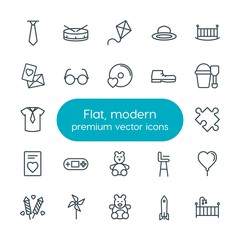 Modern Simple Set of clothes, valentine, kids and toys Vector outline Icons. Contains such Icons as tie,  musical,  cute,  fashion, music and more on white background. Fully Editable. Pixel Perfect
