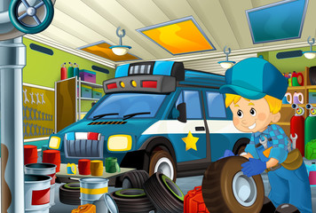 cartoon scene with policeman in some garage - working repearing police car or clearing work place - illustration for children