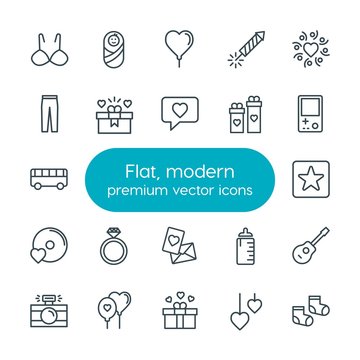 Modern Simple Set of clothes, valentine, kids and toys Vector outline Icons. Contains such Icons as  cube,  food, guitar,  heart,  baby, bra and more on white background. Fully Editable. Pixel Perfect