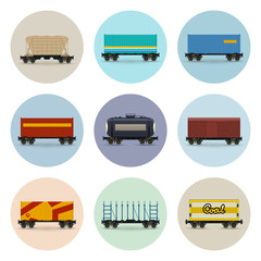 Set of Freight Railway Icons, Covered and Wagon for Coal, Container on Railroad Platform, Platform for Transportation of Bulk or Long Cargo and for Timber Transportation , Tank Car and Hopper , Vector