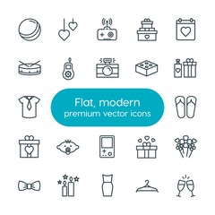 Fototapeta premium Modern Simple Set of clothes, valentine, kids and toys Vector outline Icons. Contains such Icons as warm, champagne, candle, clothes, ball and more on white background. Fully Editable. Pixel Perfect