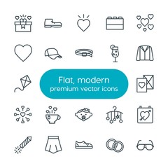 Modern Simple Set of clothes, valentine, kids and toys Vector outline Icons. Contains such Icons as  newborn,  girl,  toy,  date, cap,  game and more on white background. Fully Editable. Pixel Perfect
