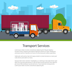 Road Transport and Logistics, Truck and Small Lorry with Windows Drive on the Road on the Background of the City, Transport Services, Poster Flyer Brochure Design, Vector Illustration