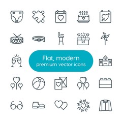 Modern Simple Set of clothes, valentine, kids and toys Vector outline Icons. Contains such Icons as  puzzle,  female, jigsaw,  round, toy and more on white background. Fully Editable. Pixel Perfect
