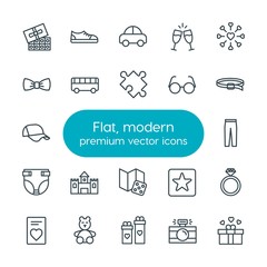 Modern Simple Set of clothes, valentine, kids and toys Vector outline Icons. Contains such Icons as  background,  animal,  food,  bear, abc and more on white background. Fully Editable. Pixel Perfect