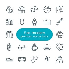 Modern Simple Set of clothes, valentine, kids and toys Vector outline Icons. Contains such Icons as  sock,  background, wedding,  train, hat and more on white background. Fully Editable. Pixel Perfect