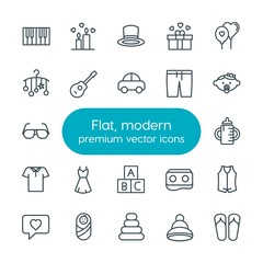 Modern Simple Set of clothes, valentine, kids and toys Vector outline Icons. Contains such Icons as  cute,  cardboard,  wear,  romantic,  vr and more on white background. Fully Editable. Pixel Perfect