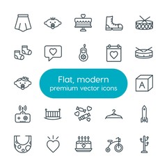 Modern Simple Set of clothes, valentine, kids and toys Vector outline Icons. Contains such Icons as  stand,  hook,  bike,  cube,  musical and more on white background. Fully Editable. Pixel Perfect