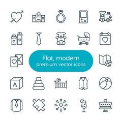 Modern Simple Set of clothes, valentine, kids and toys Vector outline Icons. Contains such Icons as  diamond,  woman, fashion,  wedding and more on white background. Fully Editable. Pixel Perfect