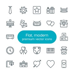 Modern Simple Set of clothes, valentine, kids and toys Vector outline Icons. Contains such Icons as bed,  bear,  fashion, message,  cute and more on white background. Fully Editable. Pixel Perfect