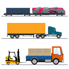 Set of Overland Freight Transport, Truck and Small Cargo Van with Boxes and Forklift Truck, Locomotive with Cargo Container , Shipping and Freight of Goods, Transportation Services, Vector