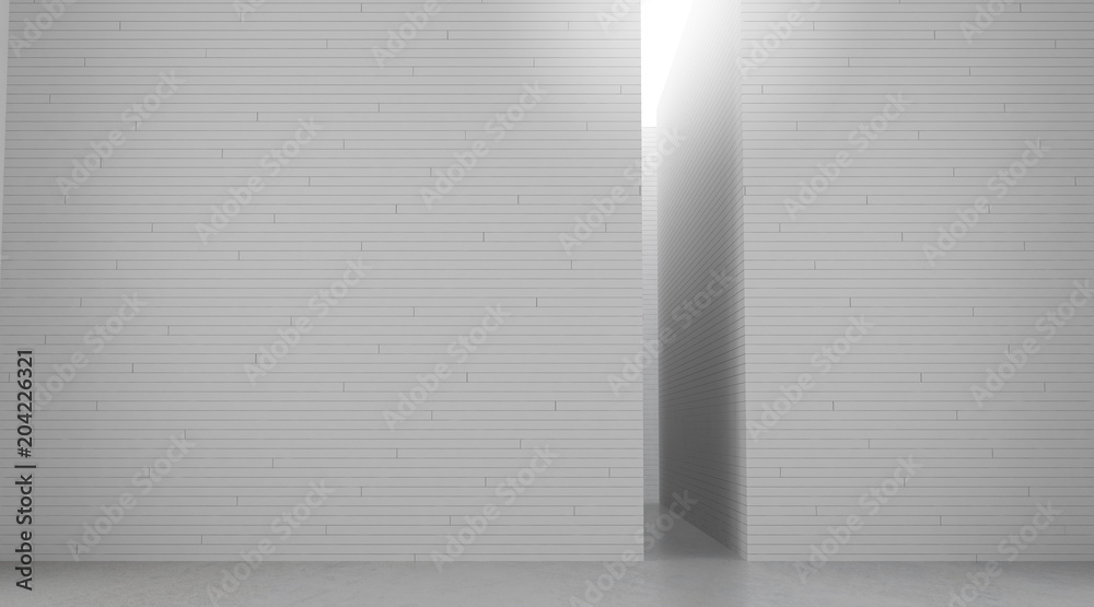 Aufkleber 3d stimulate of white room interior space with white tile pattern wall and concrete floor,perspectiv