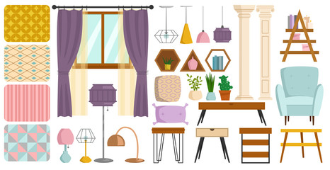 Vintage interior furniture rich wealthy house chair room with sofa couch seat set vector illustration.