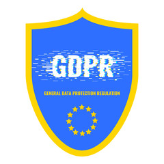 GDPR poster with glitch noise pixel effect on blue security shield. European general data protection regulation concept. Readiness and compliance for privacy policy law. Vector illustration template. 