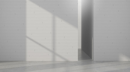 3D stimulate of white room interior space with white tile pattern wall and concrete floor and the sun cast shadow on the wall,Perspective of minimal design architecture	