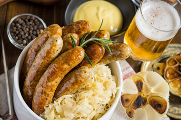 Grilled Sausages, Cabbage, Mustard and Beer