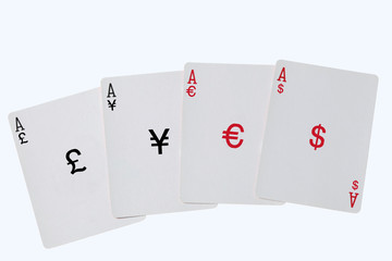 four aces playing card with currency symbol and clipping path.