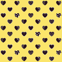 Beautiful pattern: hearts on a yellow background. For textiles, fabrics. Romantic cute print, texture. Vector.