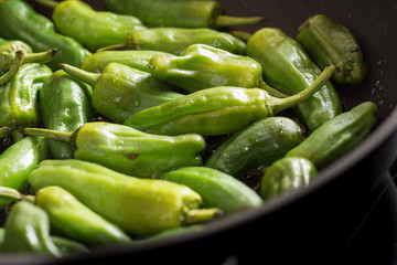Green Padron Peppers Preparation in the Frying Pan